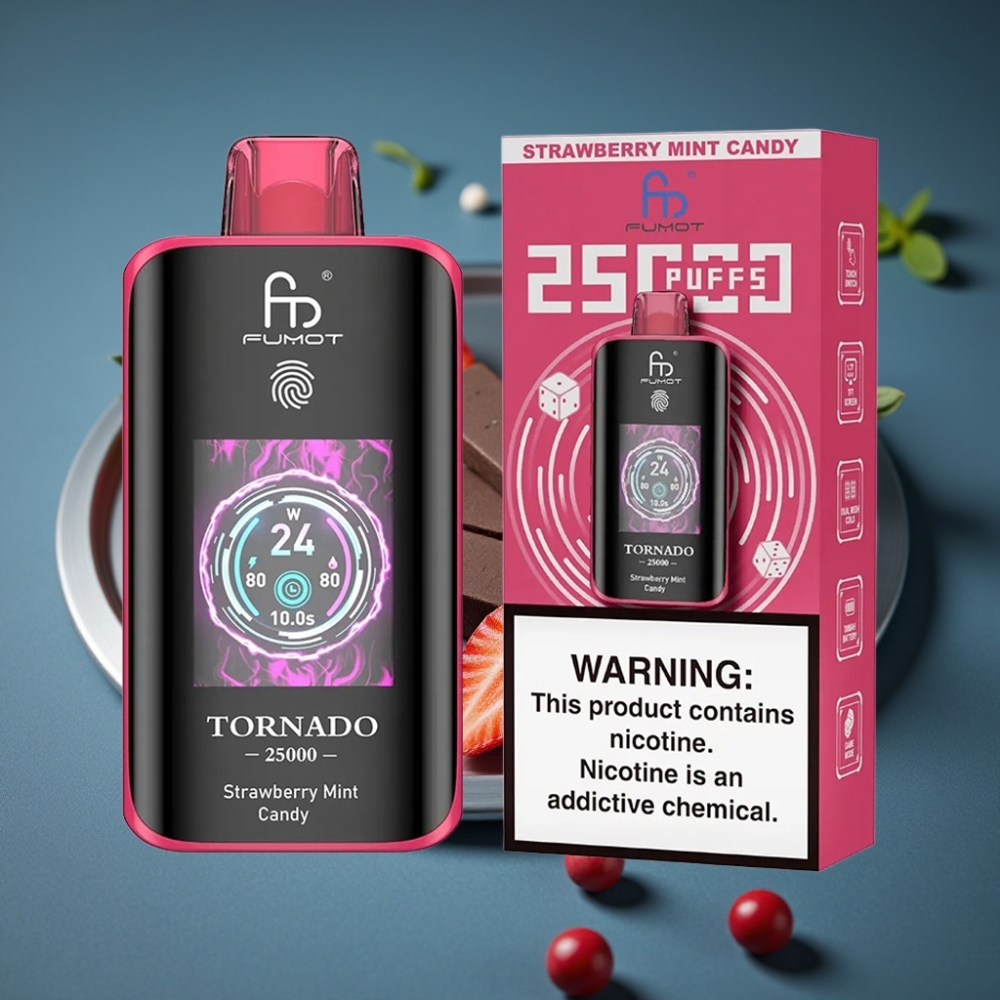Fumot Tornado 25000 Puffs Jahodová Mátová Cukrovinka, HD Screen, 700mAh, Type-C