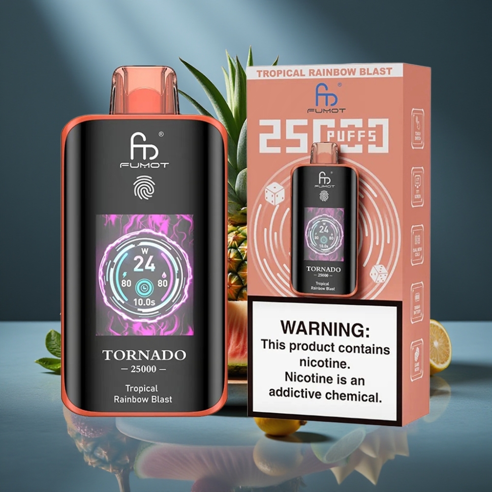 Fumot Tornado 25000 Puffs Tropická duhová rána, HD obrazovka, 20ml, Type-C