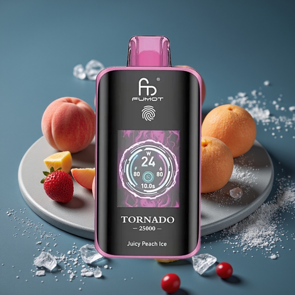 Fumot Tornado 25000 Puffs Šťavnatý broskvový led, HD Screen, 700mAh, Type-C